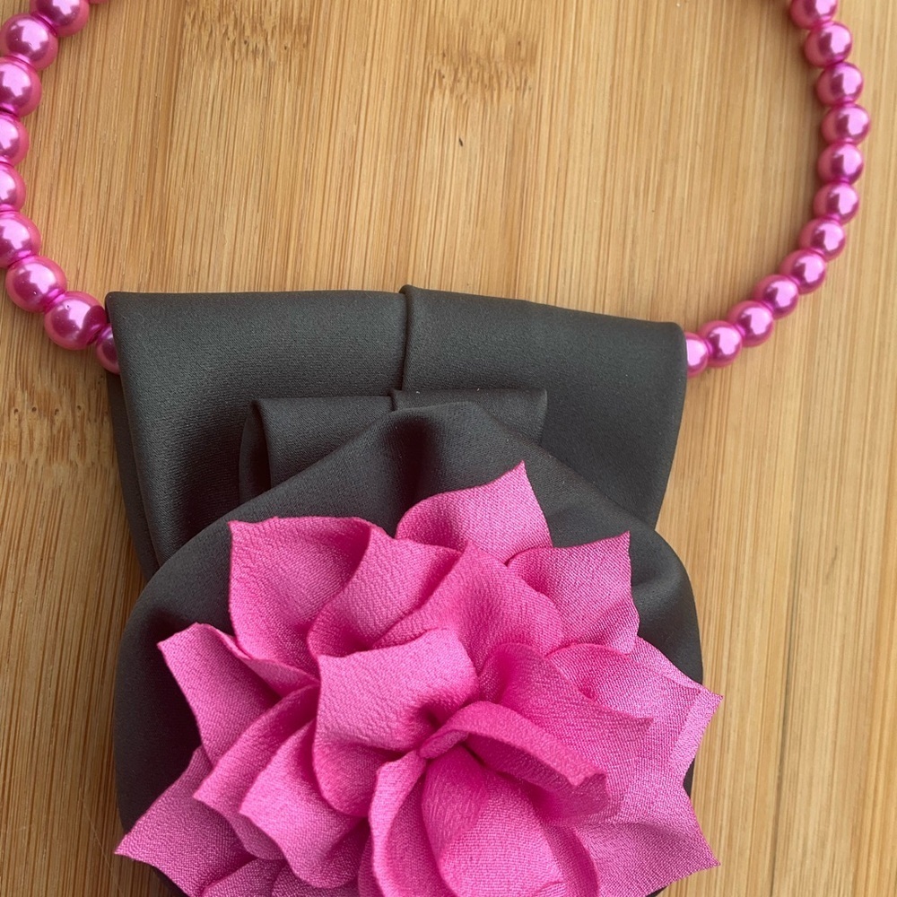 Hand Crafted Necktie Necklace Grayish Green Cross Brooch Pink Floral Accent - Picture 5 of 11